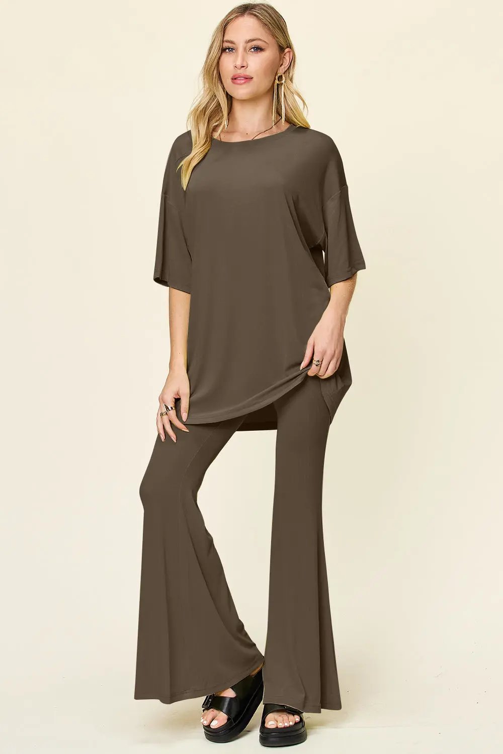 Double Take Full Size Round Neck Drop Shoulder T-Shirt and Flare Pants Set - Love Salve