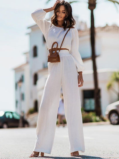 Off Shoulder Long Sleeve Top and Pants Set.