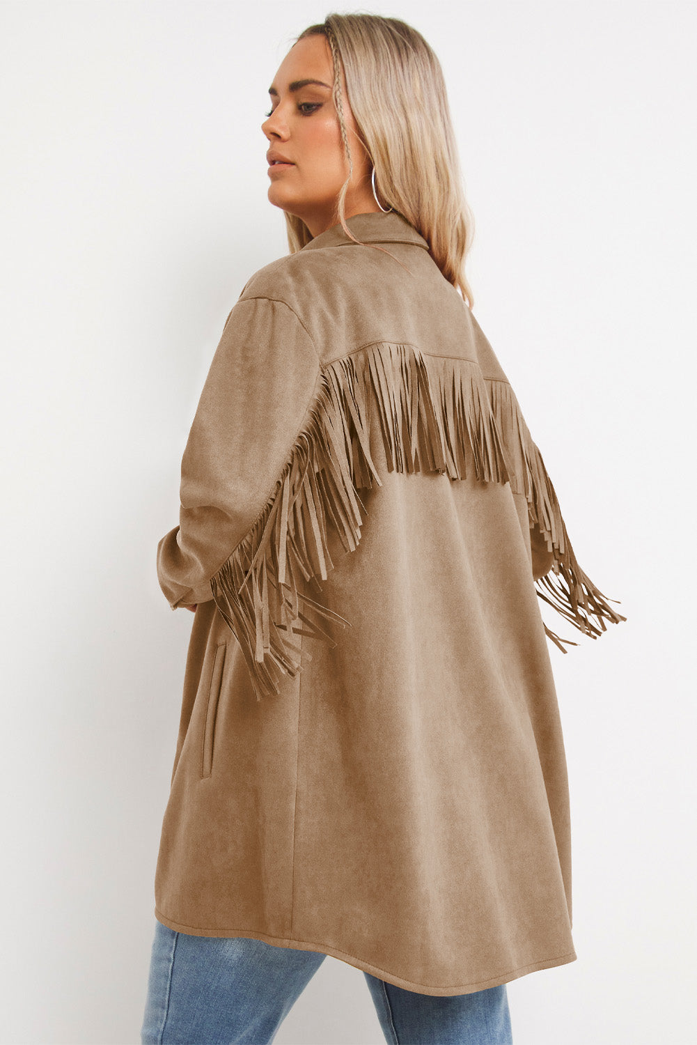 Chic khaki fringe plus size suede shacket for a stylish wardrobe update