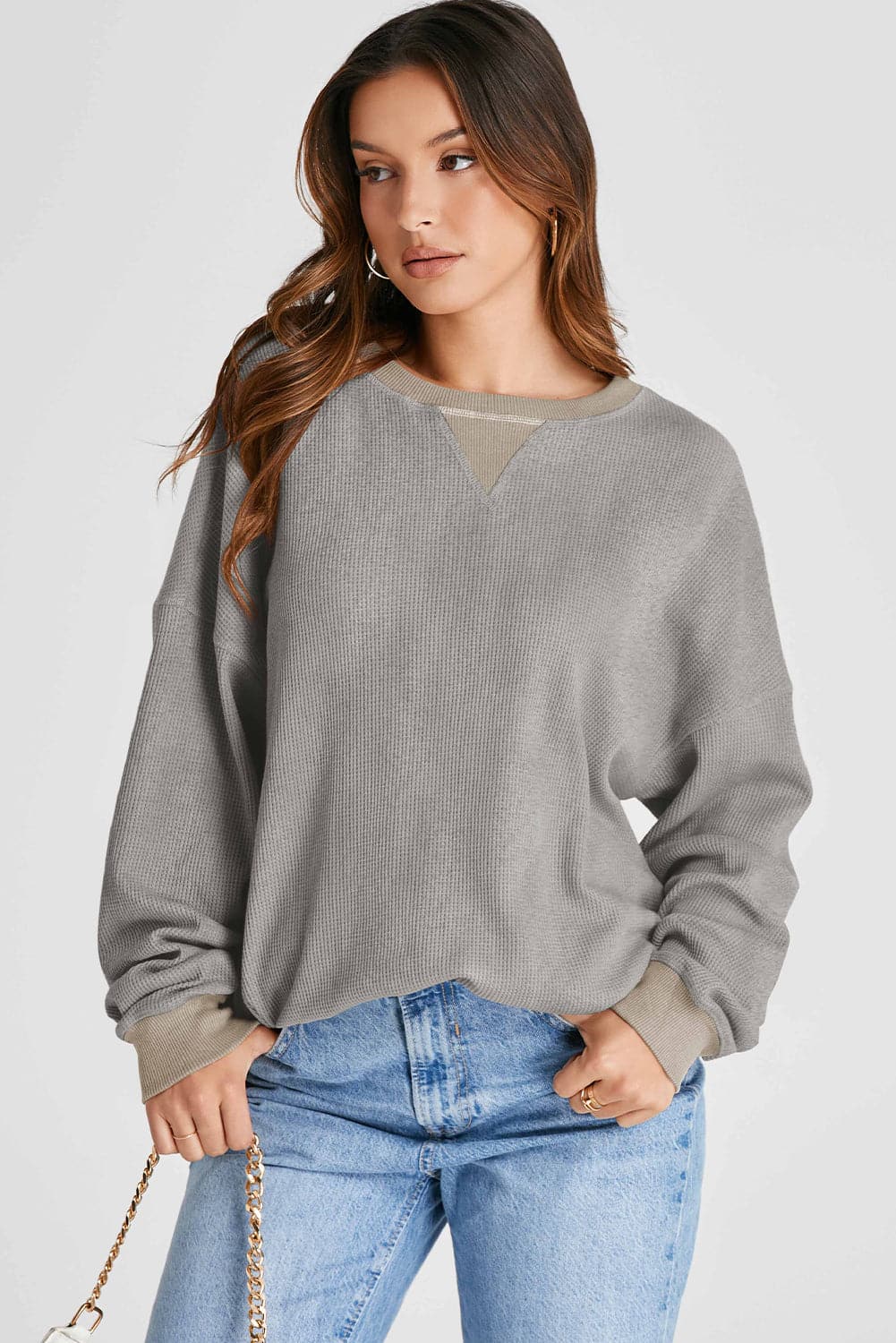 Waffle-Knit Long Sleeve Sweatshirt.