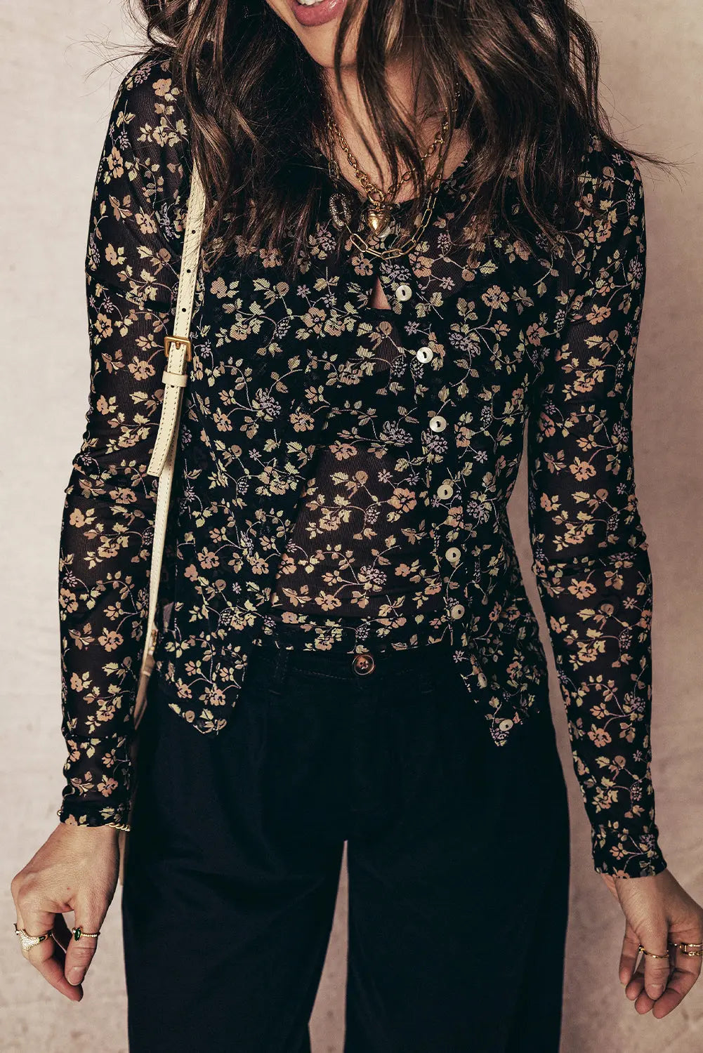 Black Floral Print Mesh Tank Cardigan Set 2pc Button Front Slim Dear-Lover Dropshipping