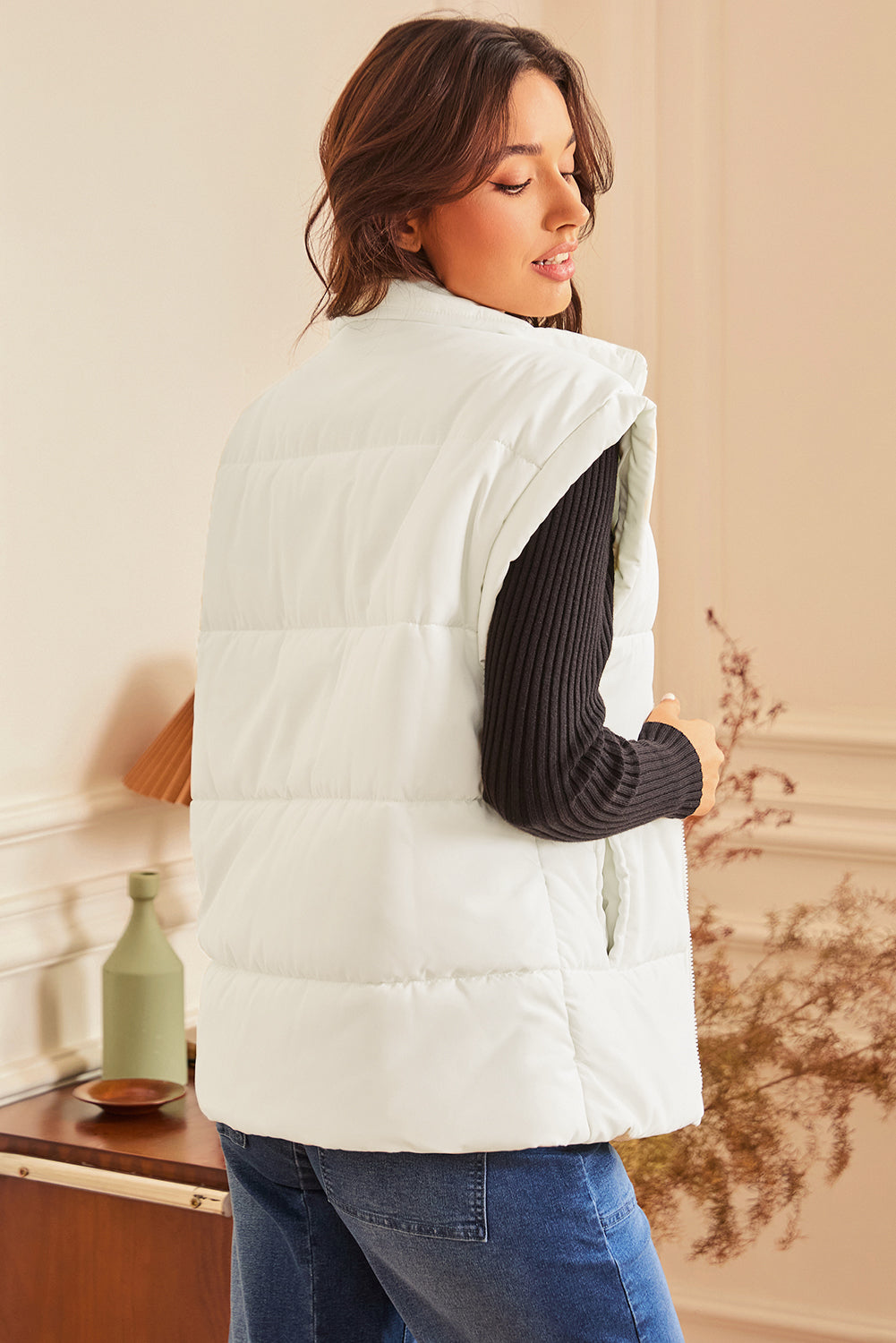 Beige Oversized Puffer Vest with Stand Neck and Zipper Closure