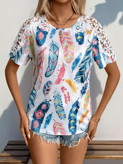 Printed Round Neck Lace Short Sleeve Top.