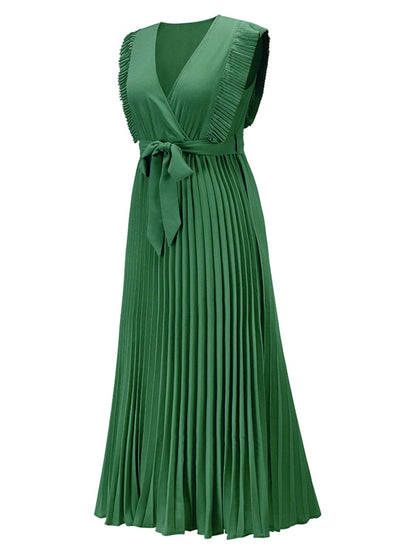 Tied Surplice Cap Sleeve Pleated Dress.