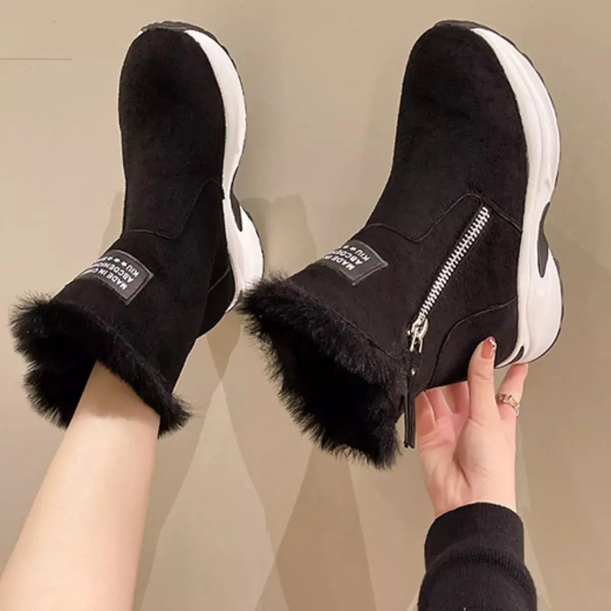 Women Faux Fur Lined PU Leather Platform Boots With Side Zipper Simply Love