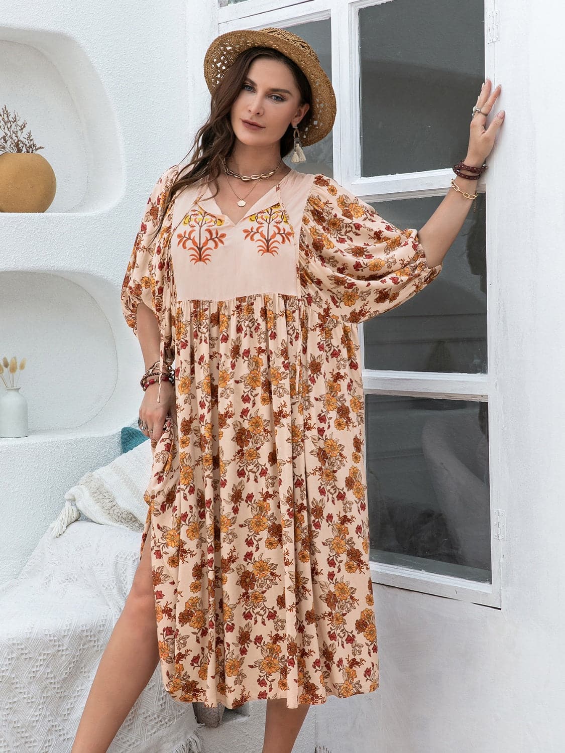 Plus Size Printed Tie Neck Half Sleeve Midi Dress.