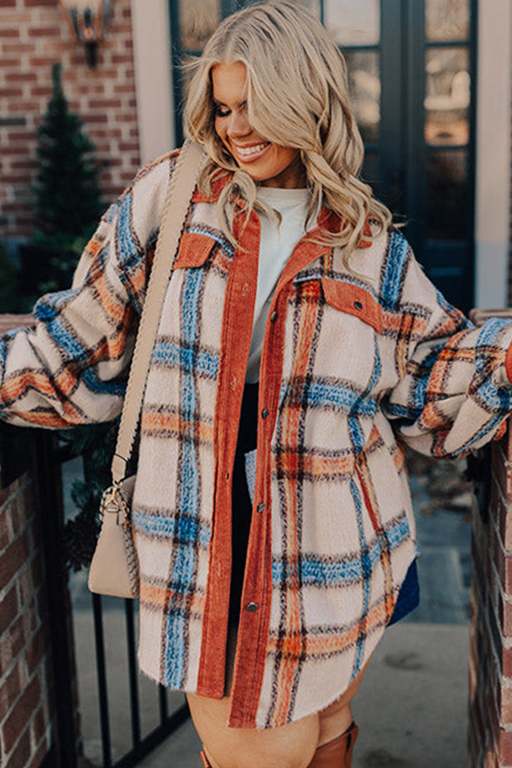 Chic plaid plus size collared button-up jacket with brown stripes