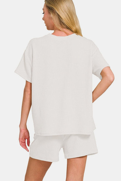 Relaxed elegance: Zenana ribbed t-shirt and shorts ensemble