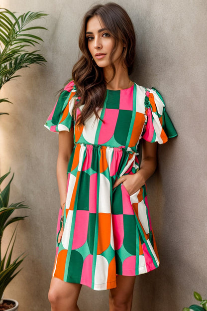 Color Block Round Neck Short Sleeve Dress.