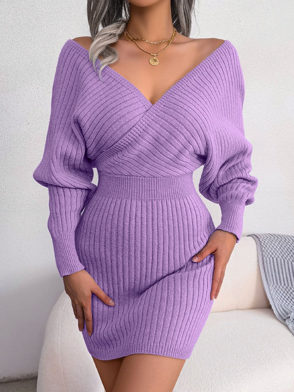 Rib-Knit Dolman Sleeve Sweater Dress.