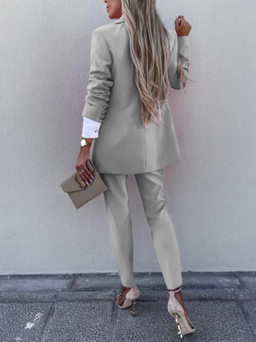 Lapel Collar Long Sleeve Blazer and Pants Set.