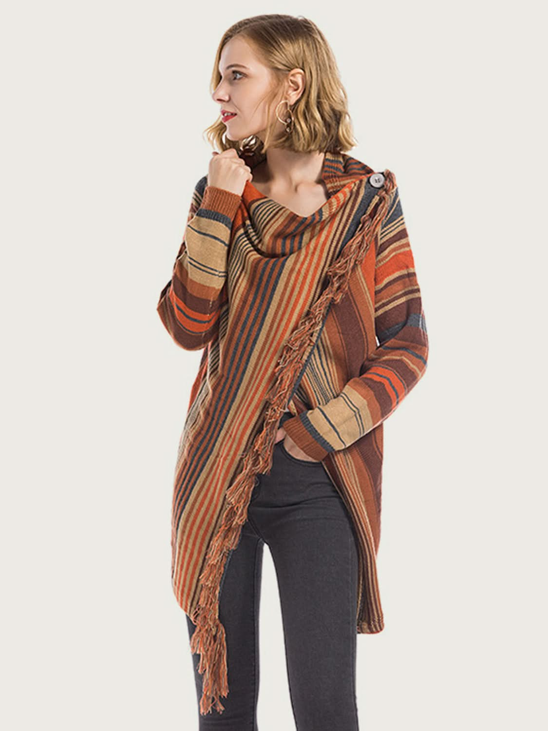 Tassel-trimmed open front cardigan with angel wings design