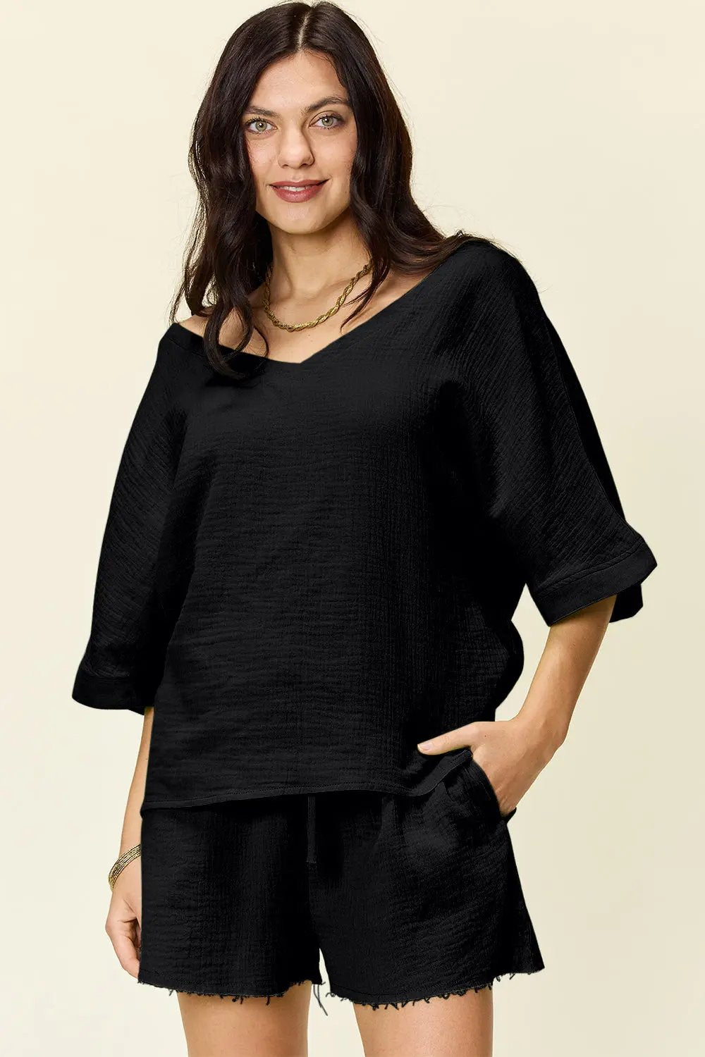 Double Take Texture Half Sleeve T-Shirt and Drawstring Shorts Set - Love Salve