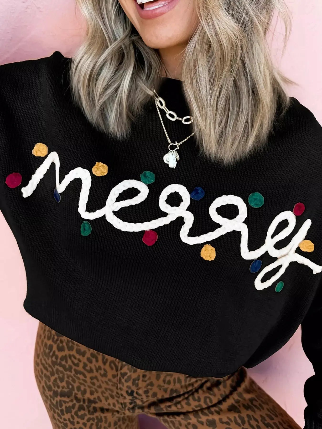 Embroidered Merry Christmas Round Neck Knit Sweater Simply Love