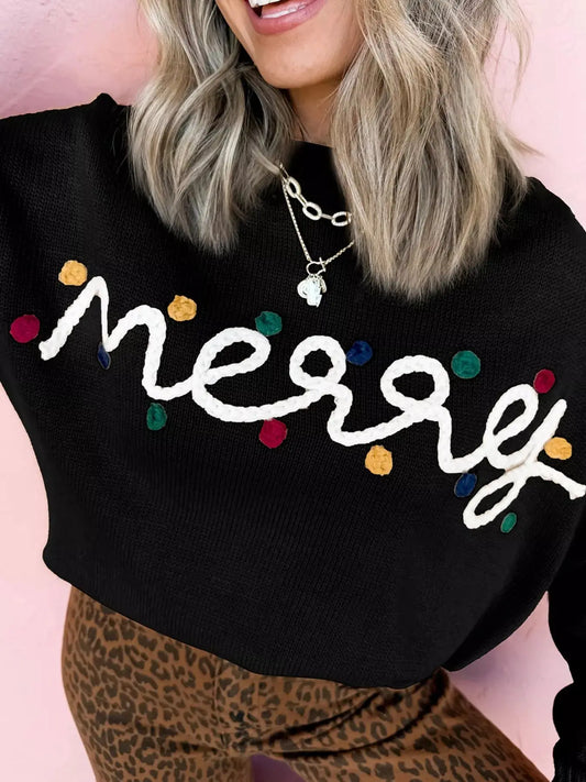 Embroidered Merry Christmas Round Neck Knit Sweater Simply Love