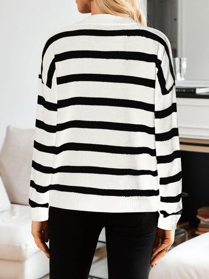 Stylish striped long sleeve sweater with Johnny collar