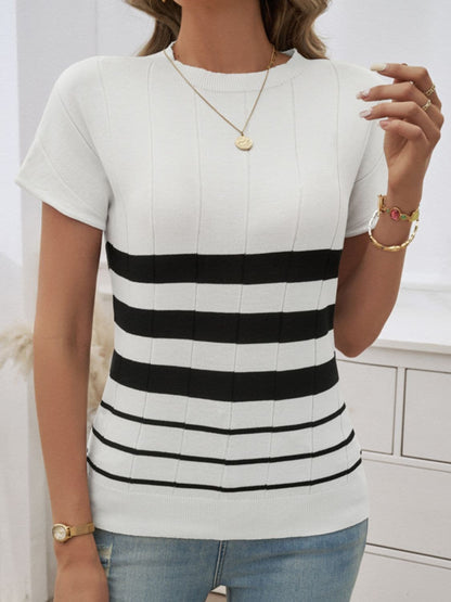 Striped Round Neck Short Sleeve Knit Top.