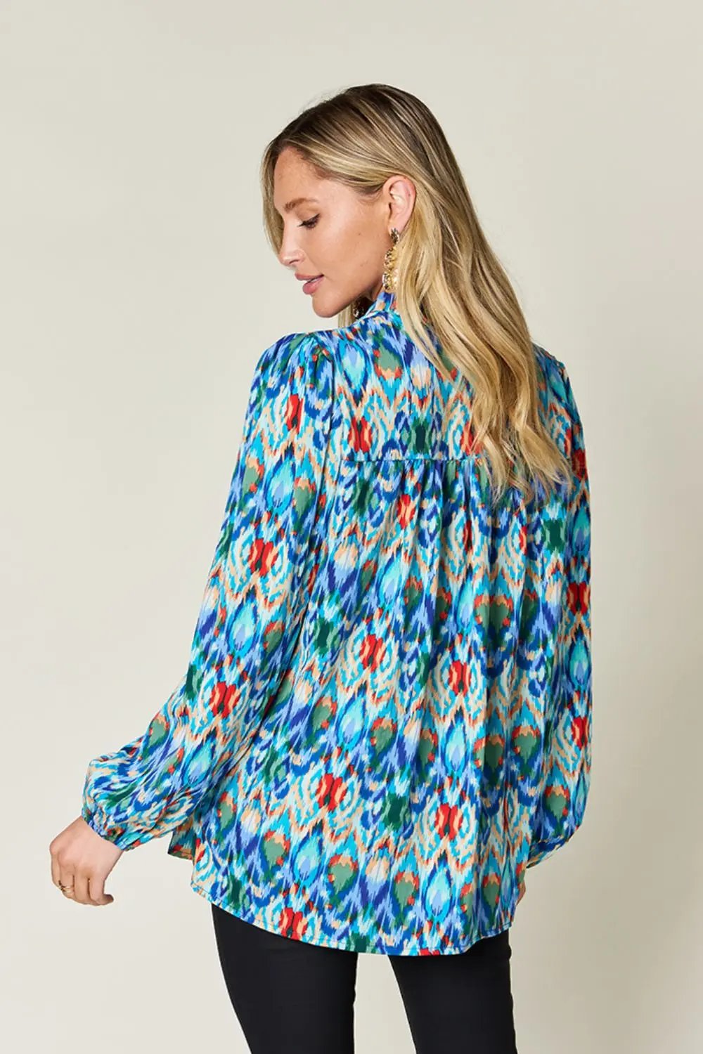 Double Take Full Size Printed Balloon Sleeve Blouse - Love Salve