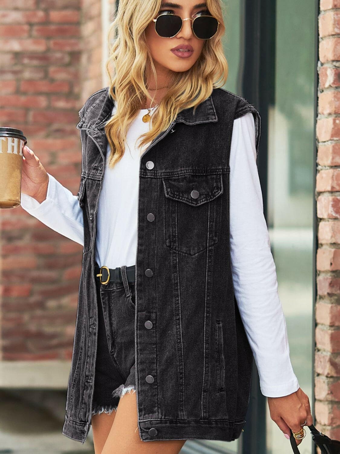 Collared Neck Sleeveless Denim Top with Pockets.