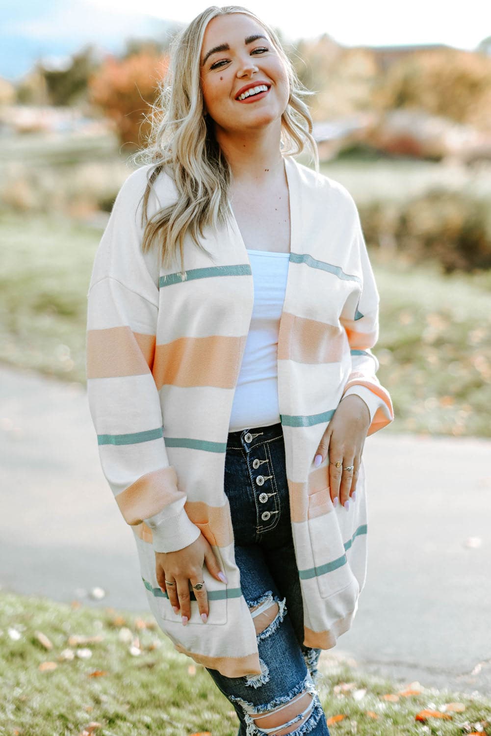 Plus Size Striped Open Front Cardigan.