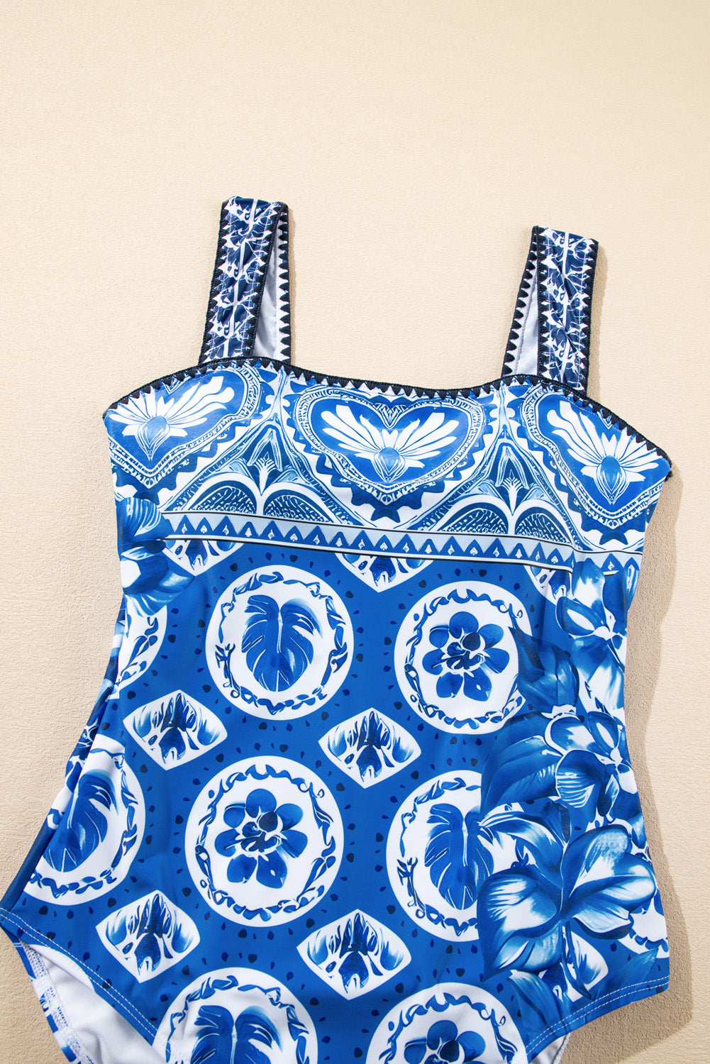 Exotic Blue Mosaic Ricrac Trim One-Piece Swimsuit with Wide Straps