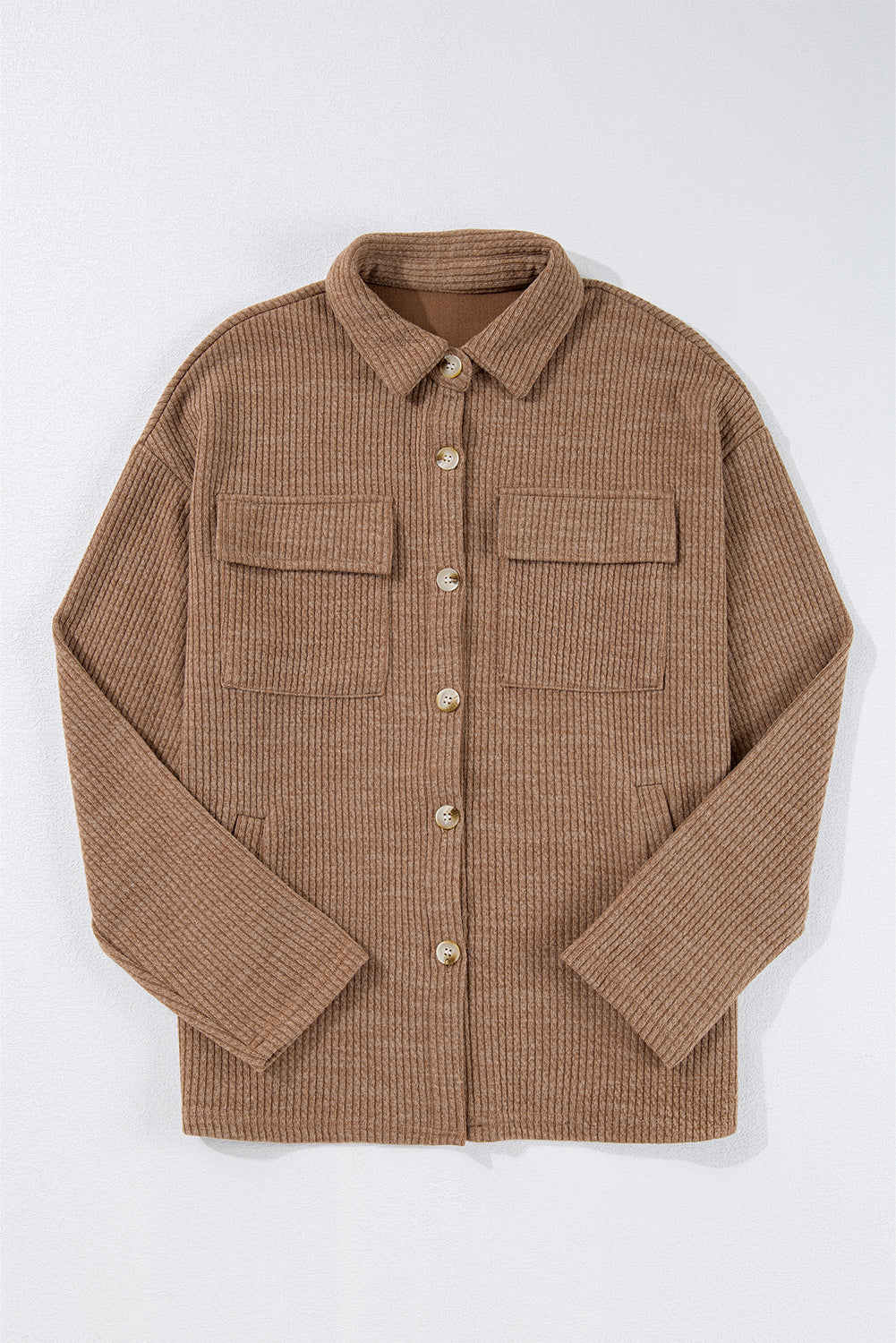 Dark khaki corduroy shacket with button closure and chest pockets