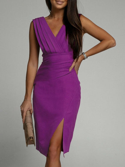 Slit Ruched Surplice Tank Dress.