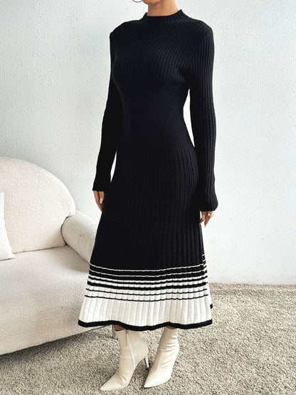 Chic Contrast Mock Neck Long Sleeve Sweater Dress