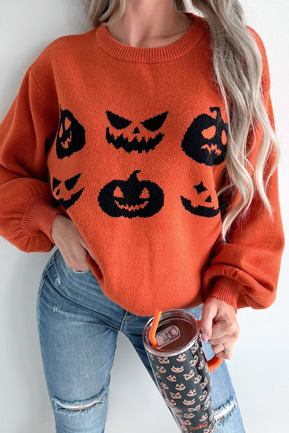 Spooky pumpkin face drop shoulder sweater for Halloween fun