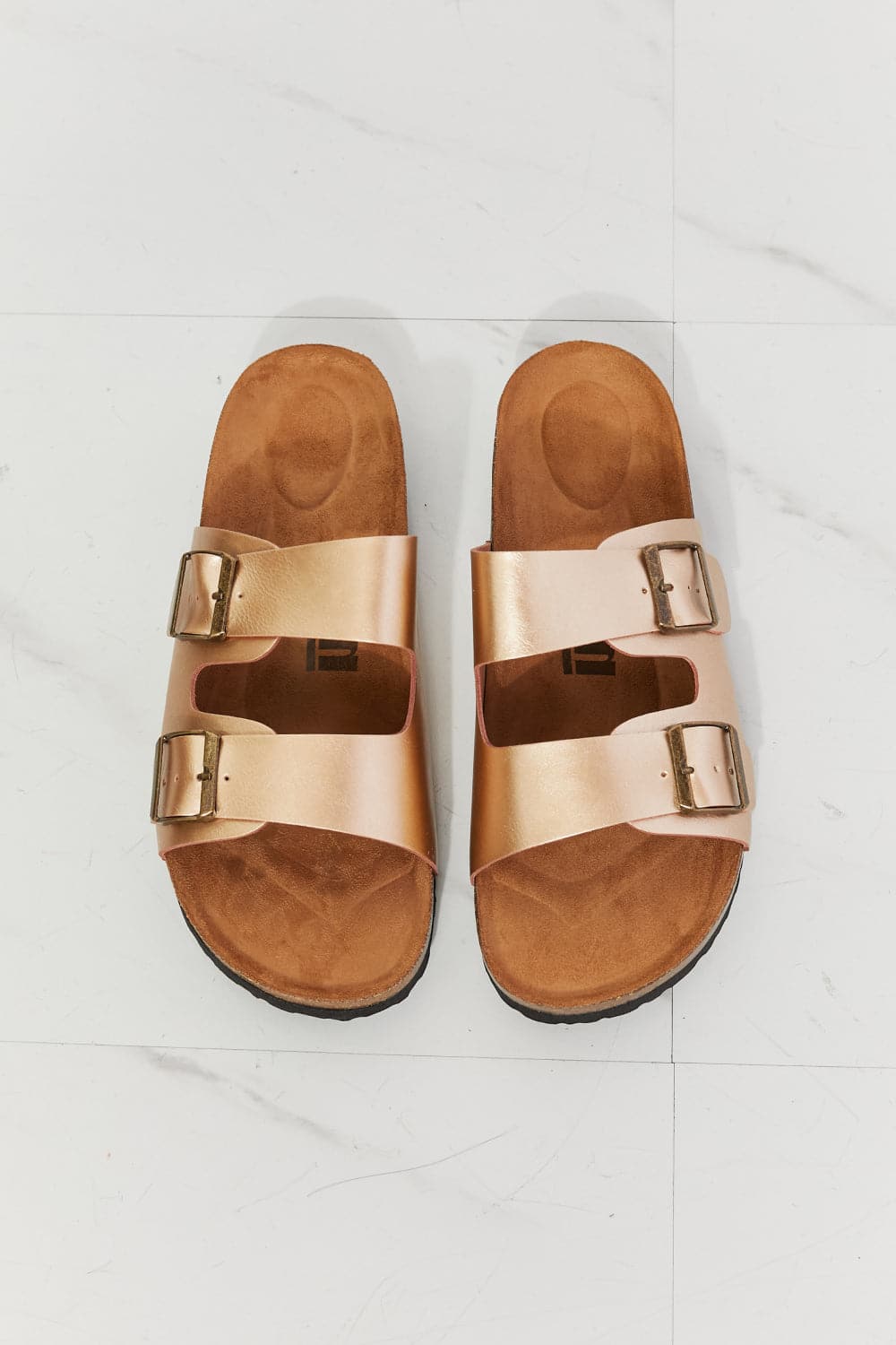 MMShoes Best Life Double-Banded Slide Sandal in Gold.