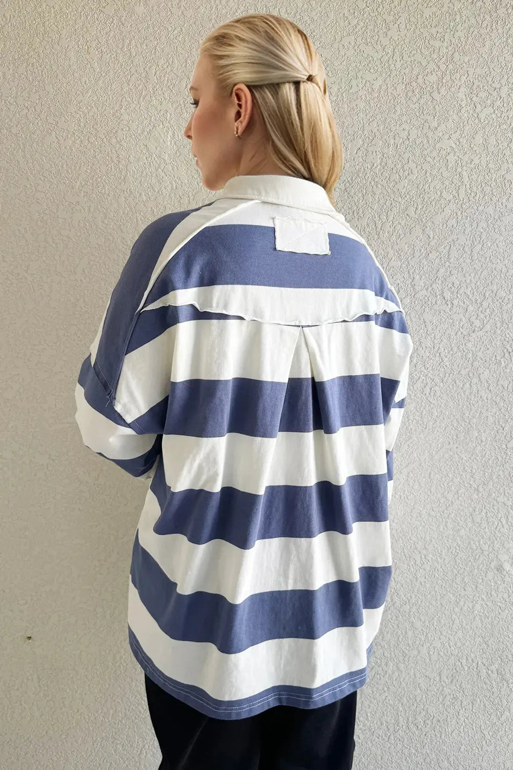 Oh Pima Cotton Wash Wide Striped Collared Neck Long Sleeve Top - Love Salve
