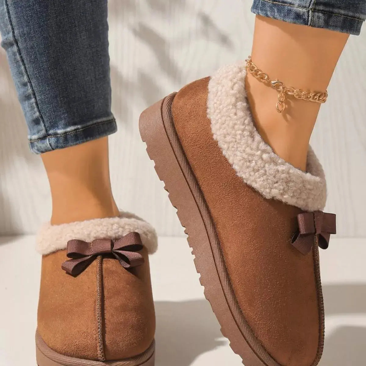 Cozy Bowknot Plush Lined Slip-Ons Simply Love