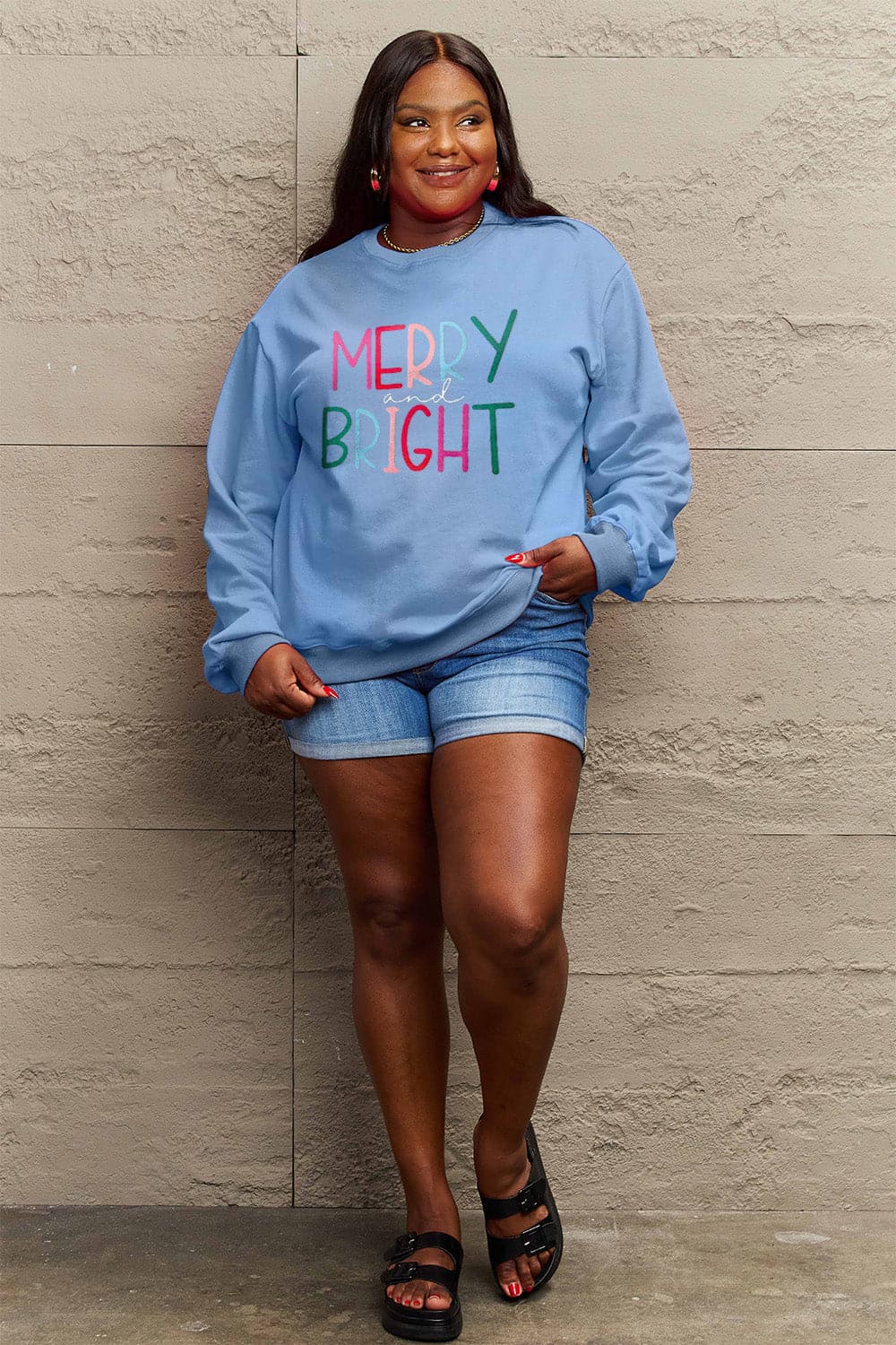 Simply Love Full Size MERRY AND BRIGHT Graphic Sweatshirt.