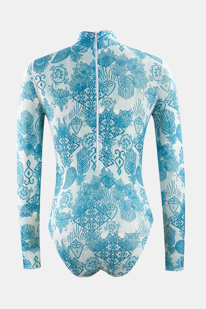 Printed Mock Neck Long Sleeve One-Piece Swimwear.