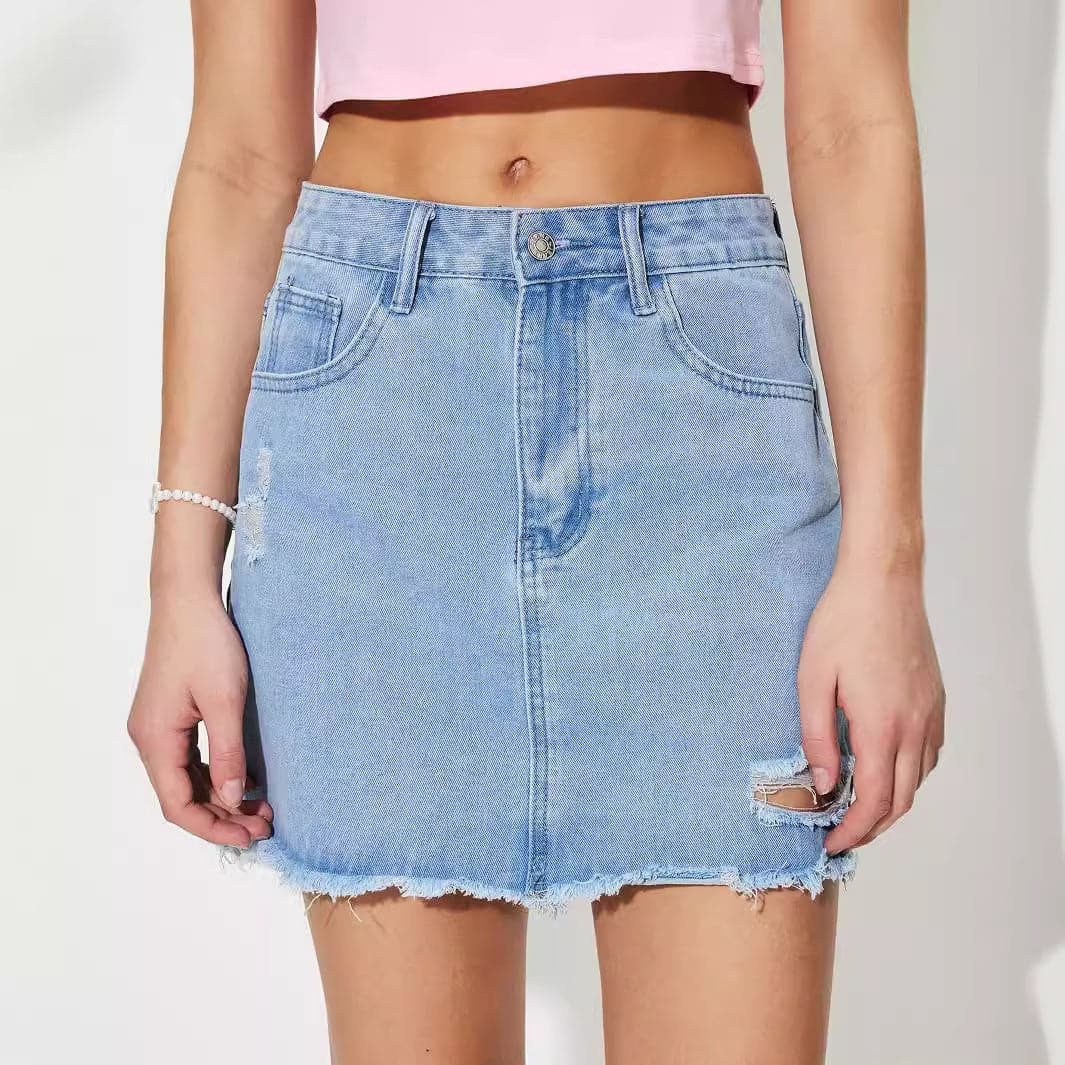 Distressed Raw Hem Mini Denim Skirt.