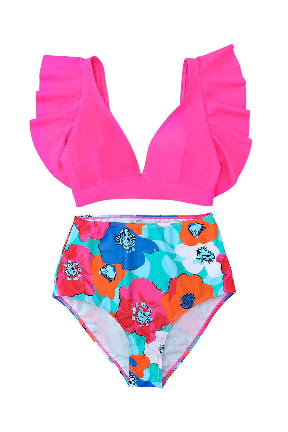 Floral high-waist bikini bottoms in rose red