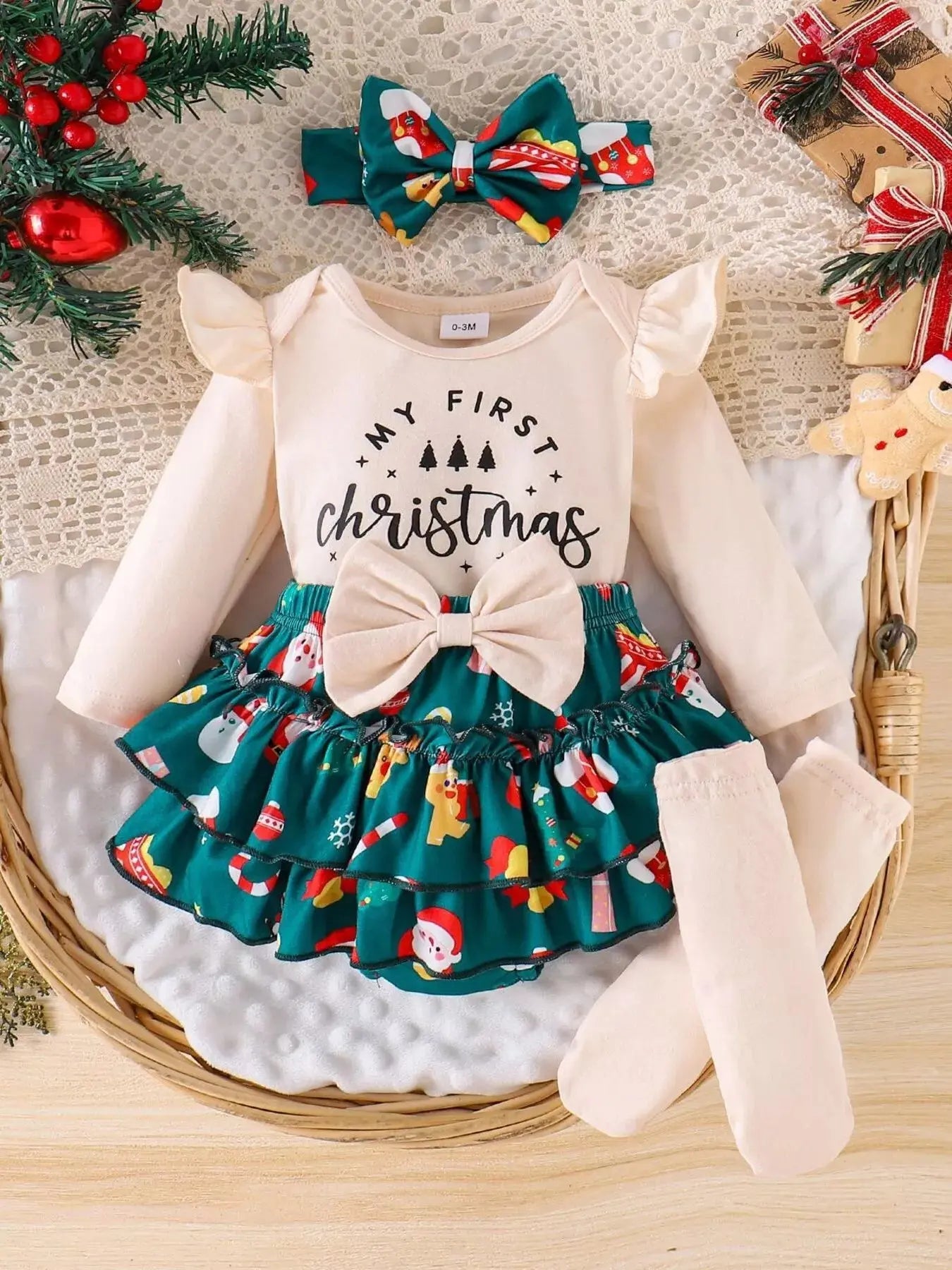 Children's Christmas Ruffled Long Sleeve Top and Skirt Set with Headband Simply Love