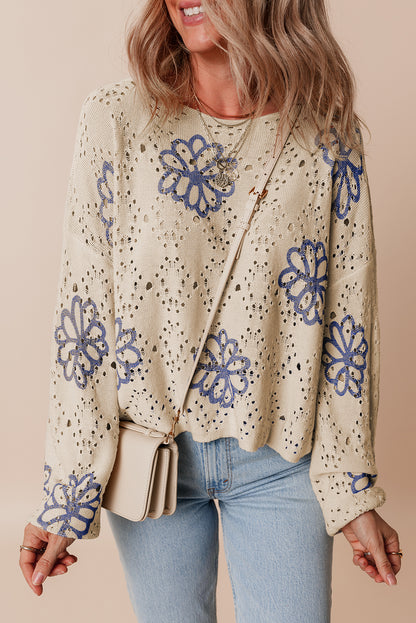 Beige floral eyelet drop shoulder sweater with contrast print