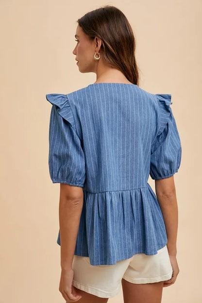 Annie Wear Stripe Front Bow Denim Peplum Blouse - Love Salve 