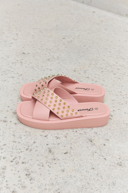 Forever Link Studded Cross Strap Sandals in Blush.