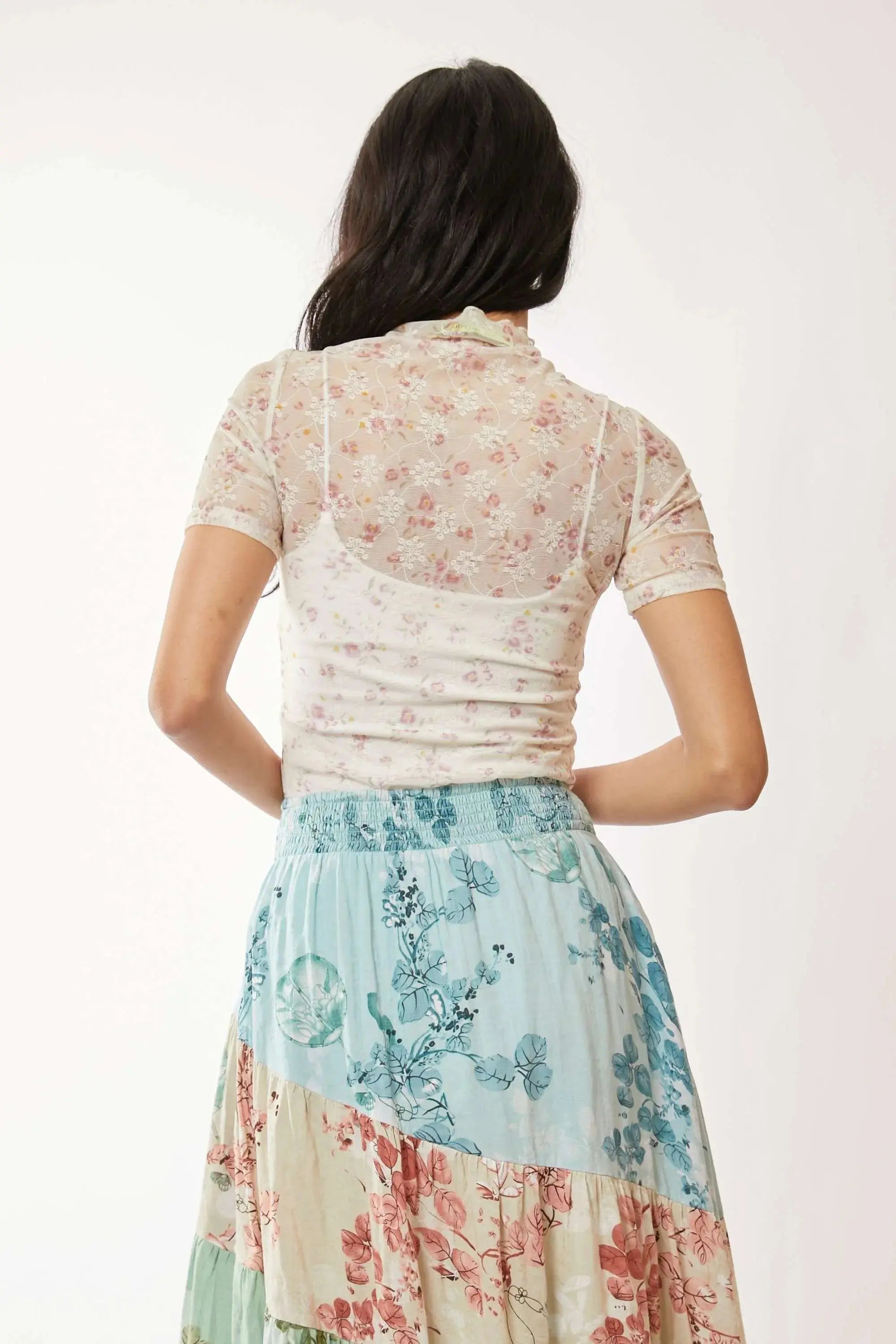 Davi & Dani Floral Mesh Mock Neck Short Sleeve Top - Love Salve 