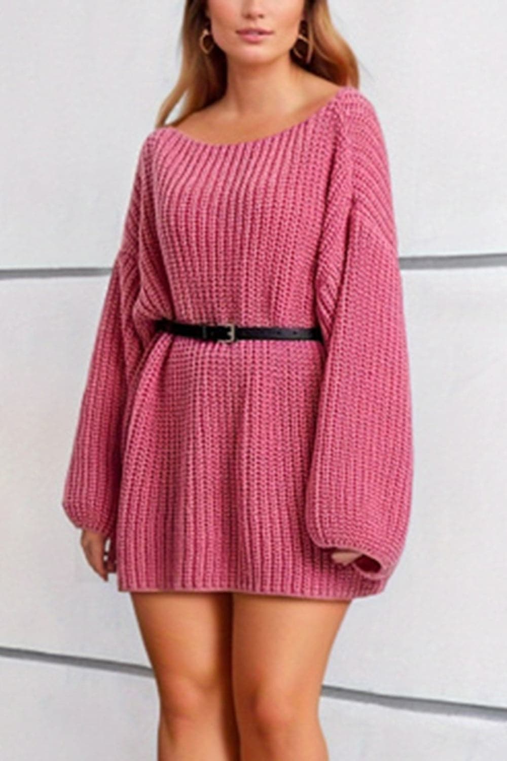 Boat Neck Dropped Shoulder Mini Sweater Dress.