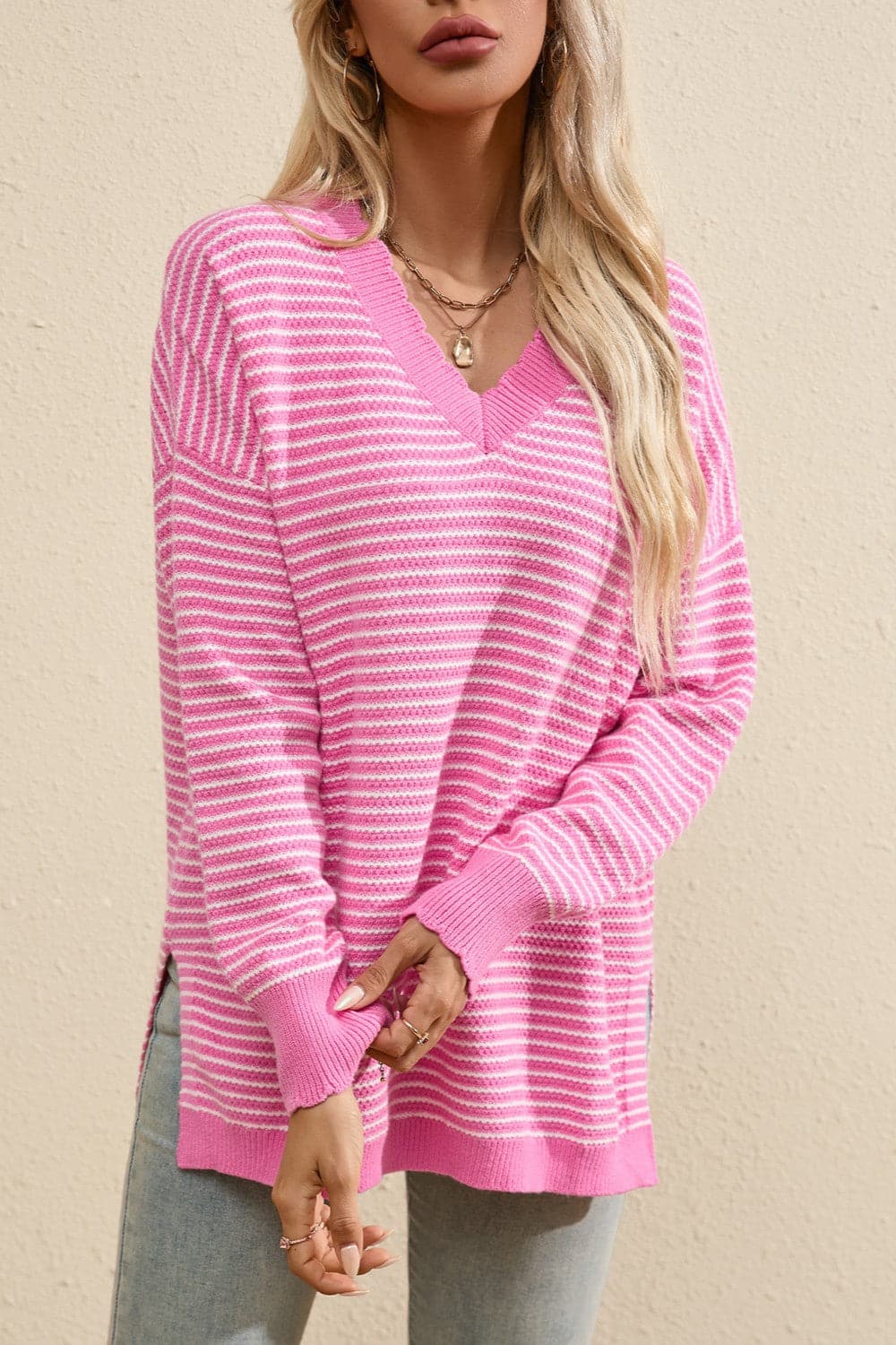 Striped V-Neck Long Sleeve Top.