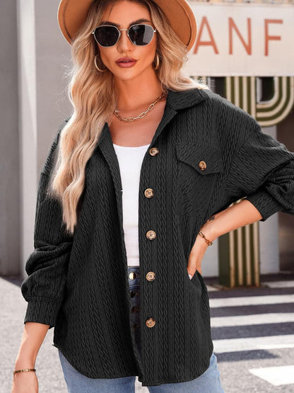 Stylish textured long sleeve button-up shacket