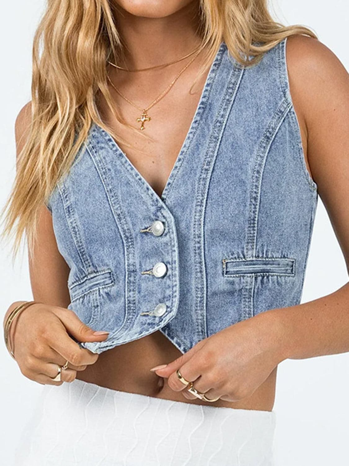 Button Up Sleeveless Denim Top.