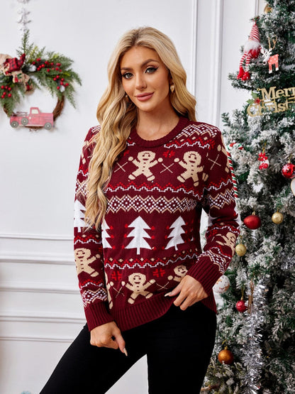 Cozy gingerbread long sleeve sweater with round neck