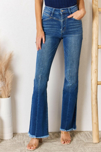 Kancan High Rise Raw Hem Flare Jeans.