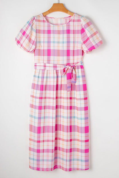 Tied Plaid Round Neck Short Sleeve Dress.