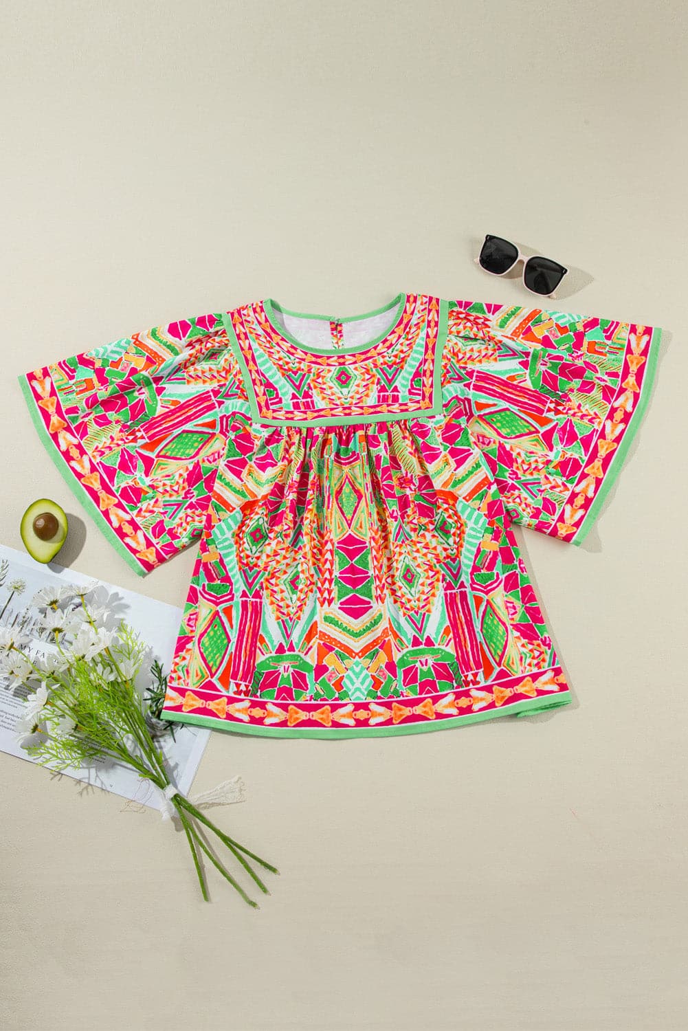 Plus Size Printed Round Neck Half Sleeve Blouse.