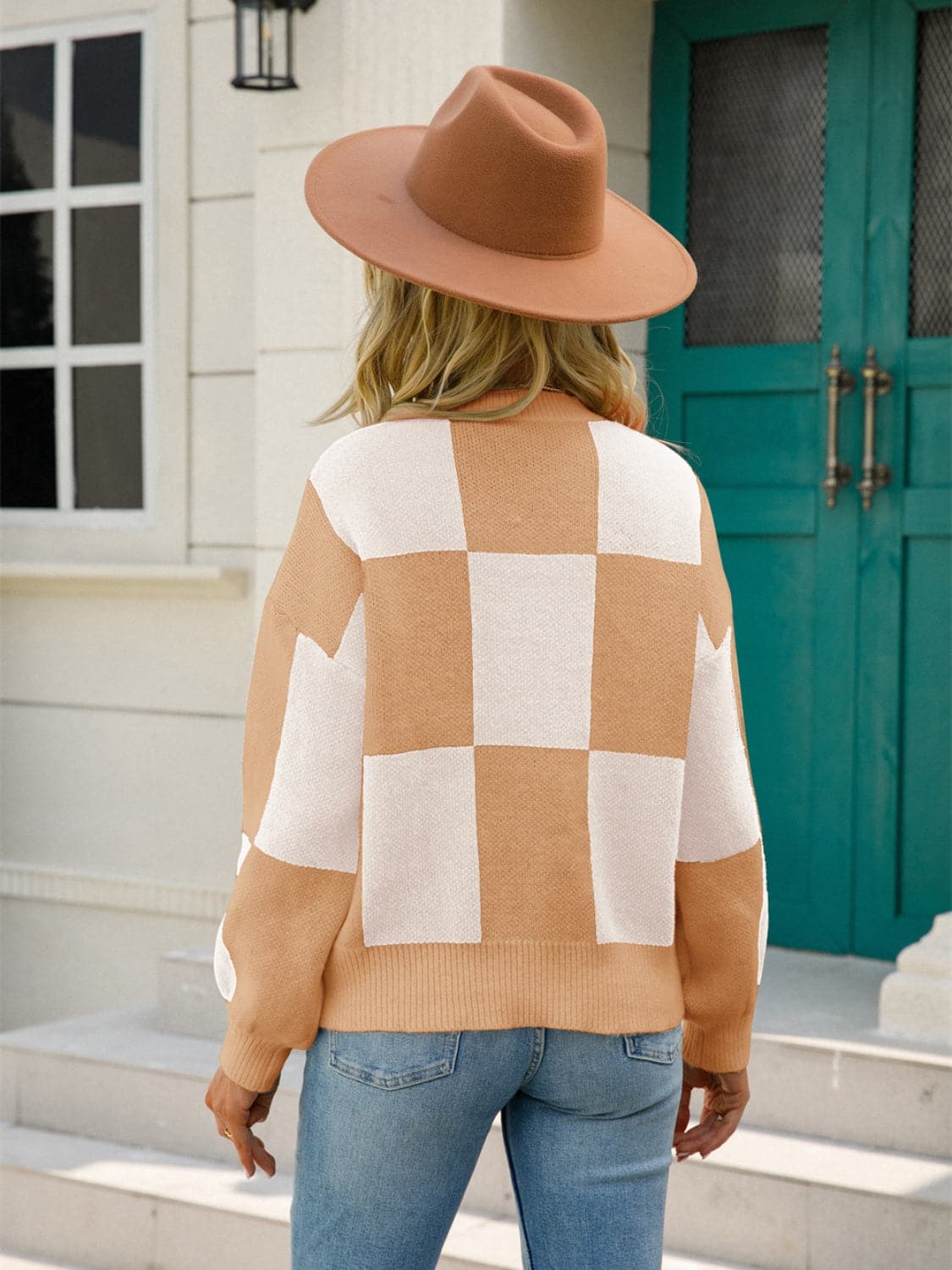 Checkered Round Neck Dropped Shoulder Sweater.